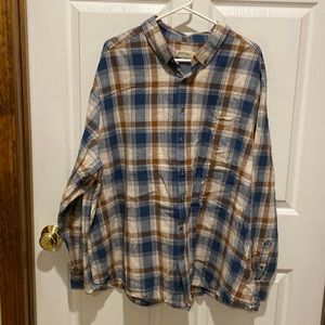 Lightweight plaid button down shirt. Brown blue and tan